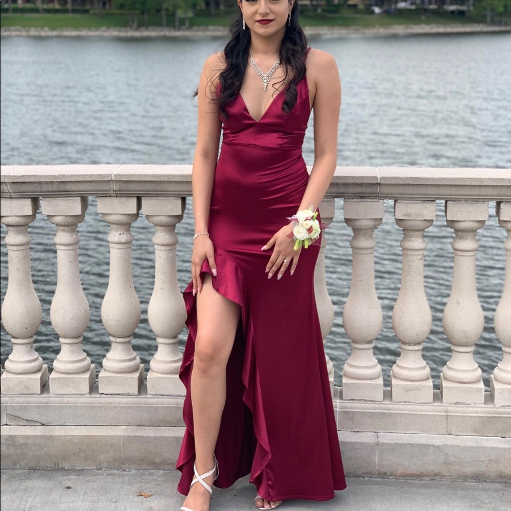 Wine red satin long prom dress leg slit
